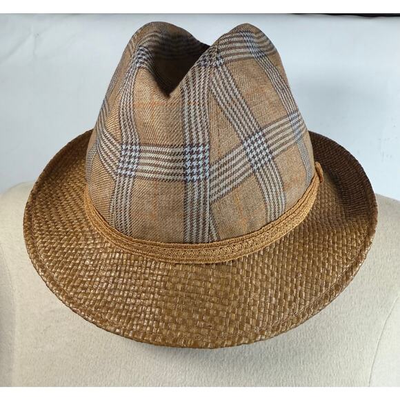 Vintage Borsalino Plaid Tweed Fedora Hat w/Straw Brim size S/M - Picture 1 of 12